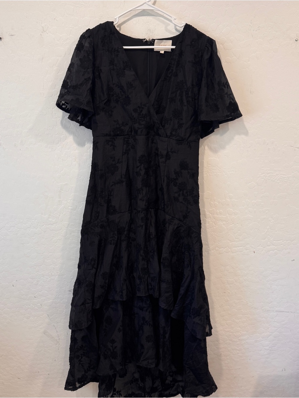 Arose Studio Black Lace Midi Tiered Dress Womens Large V-Neck Flutter Sleeve